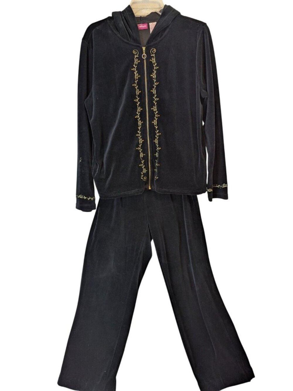 Pappagallo Velour Tracksuit Set S/M Black Zip Hoodie Pants Embroidered Lounge